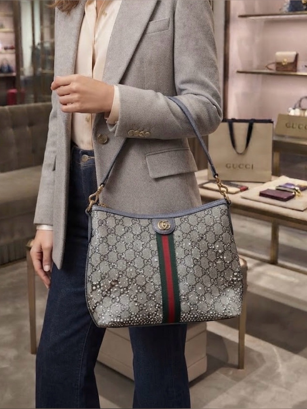 Blue-Trim Supreme Shoulder Bag with bling - Picture 10 of 11